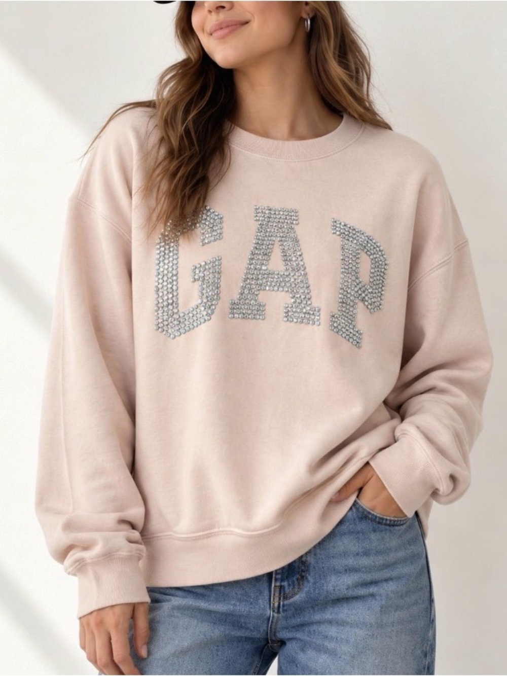 GAP Women's Light Blush Pink Rhinestone Logo Sweatshirt